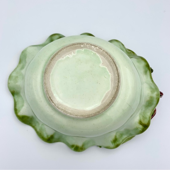 Vintage Majolica Pottery Bowl 8” Green Leaves Pink Capodimonte Raised Flower - Picture 14 of 16